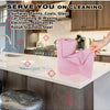 A pink reusable ultra-fine fiber tear-off towel roll is shown on a kitchen counter with various cleaning tools visible.