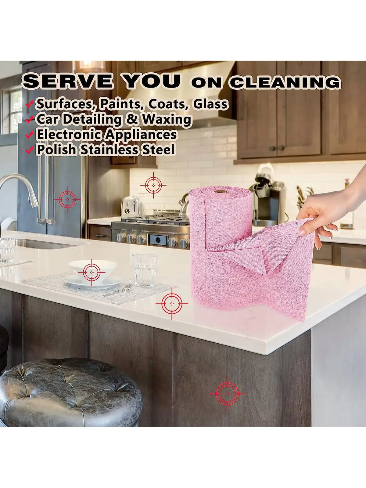 A pink reusable ultra-fine fiber tear-off towel roll is shown on a kitchen counter with various cleaning tools visible.