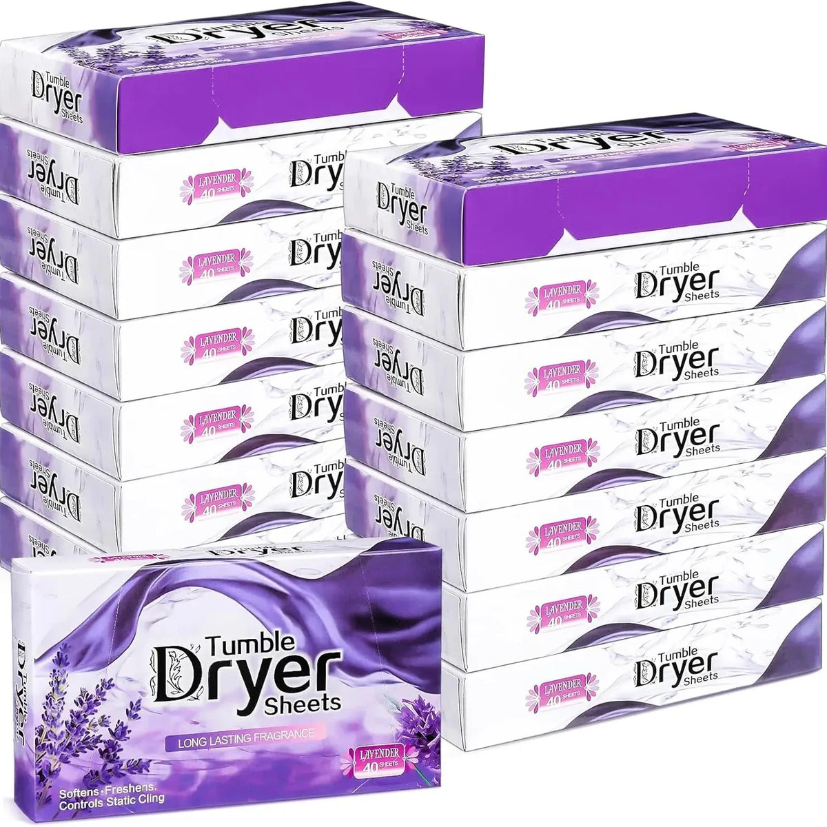 Packaged dryer sheets in purple and white for laundry care
