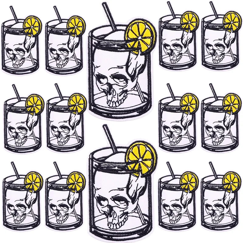 A set of ten embroidered iron-on patches featuring skull and horror designs with straws.