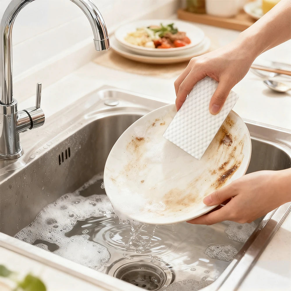 A hand is using a white magic eraser sponge to clean dishes in a stainless steel kitchen sink.