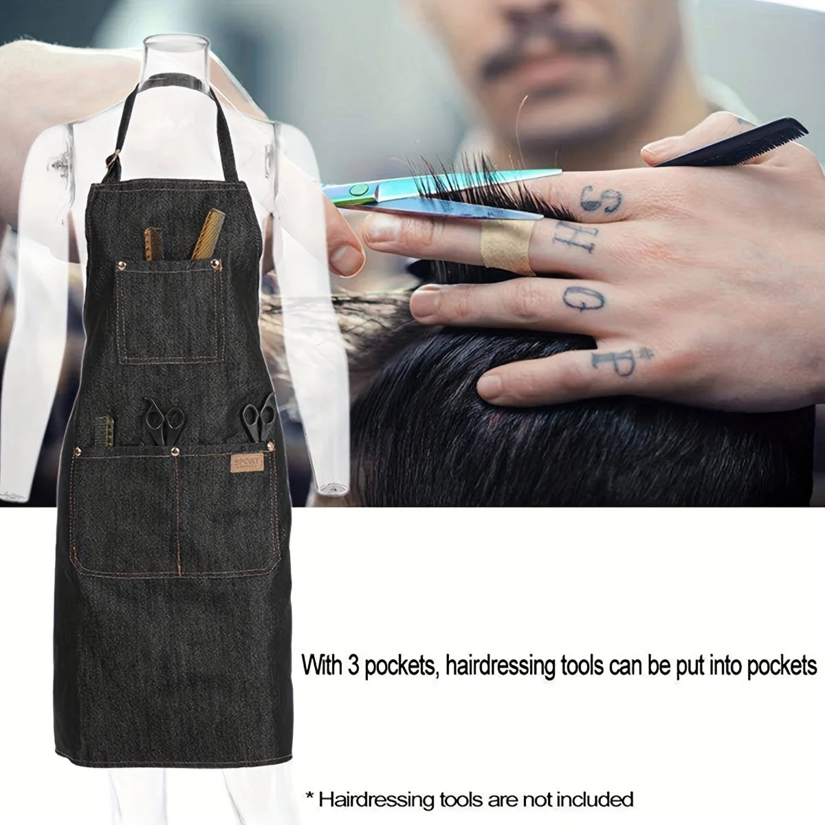 A dark gray multi-pocket denim and waxed canvas work apron being held by a person with a mustache.