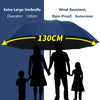 A dark blue extra large umbrella is shown open, with silhouettes of a family underneath it.