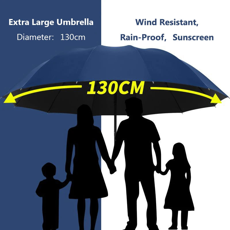 A dark blue extra large umbrella is shown open, with silhouettes of a family underneath it.