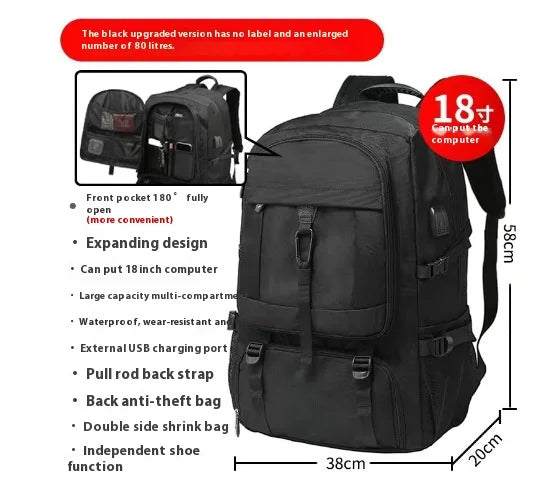 Black upgraded travel backpack featuring a laptop sleeve, expanding design, and an independent shoe compartment.