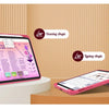 A pink slim tri-fold stand case for an iPad is shown with a pencil holder and a separate pink Apple device.