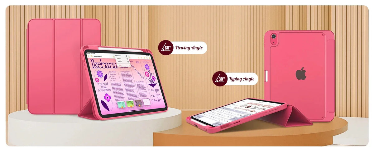 A pink slim tri-fold stand case for an iPad is shown with a pencil holder and a separate pink Apple device.