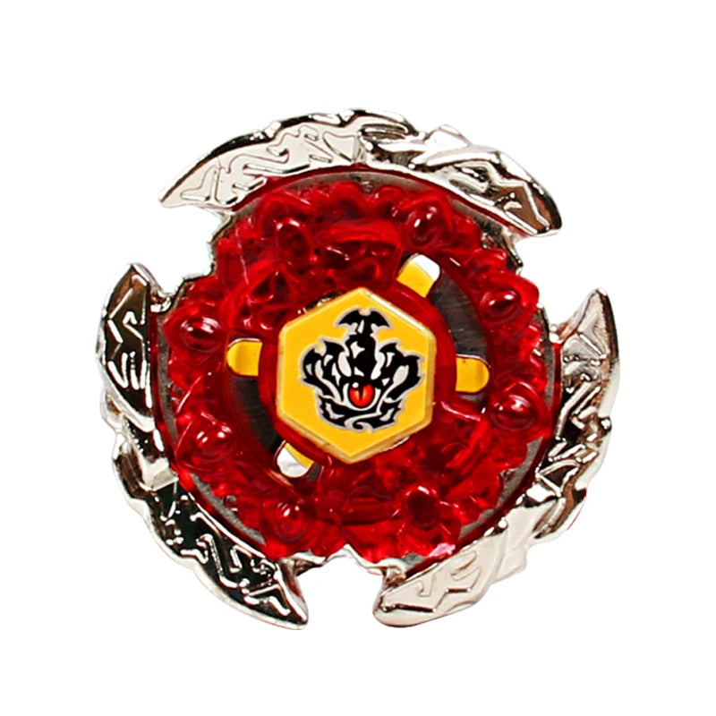 A red spinning top with a silver frame and a yellow hexagonal center featuring a black emblem.