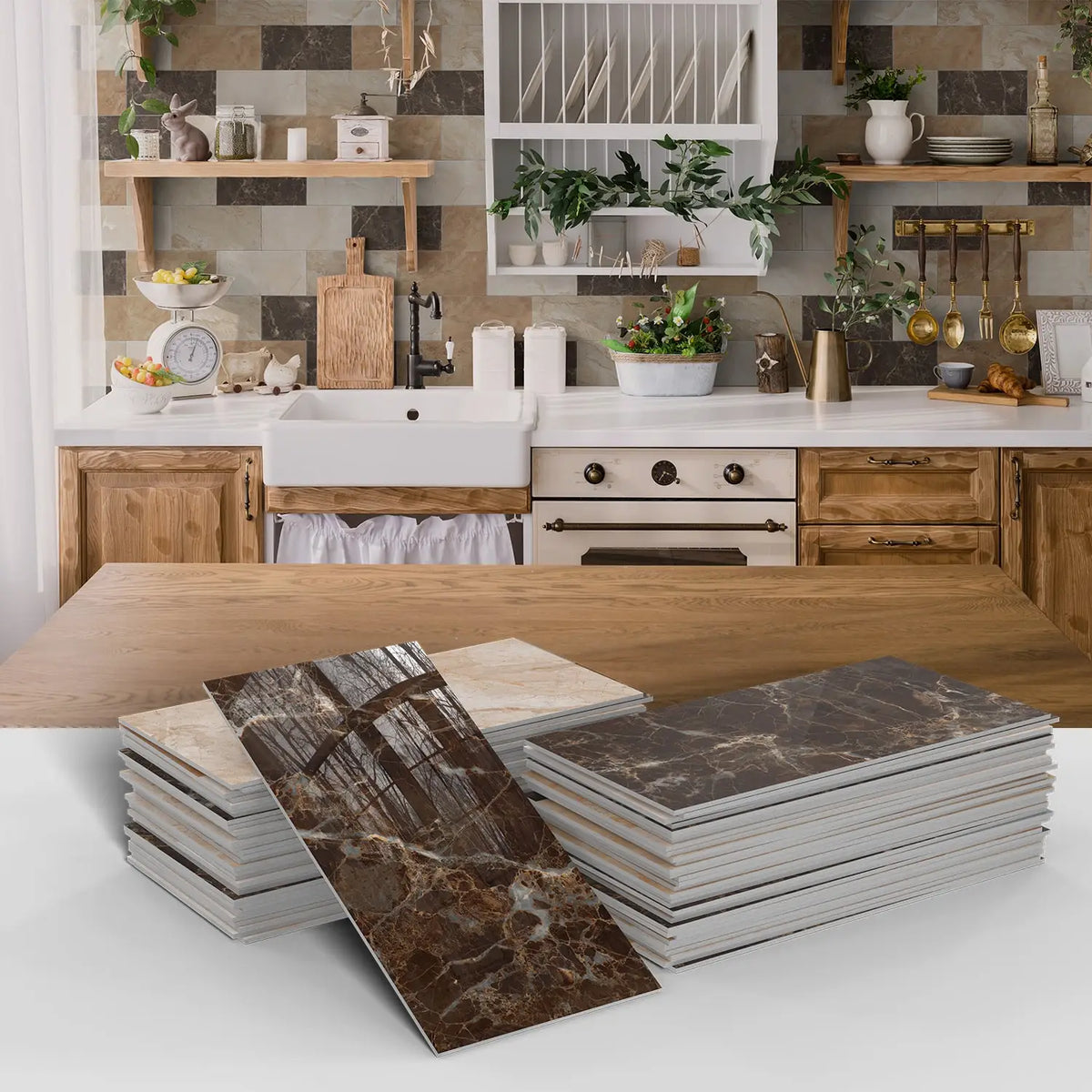 A stack of brown and beige marble self-adhesive wall stickers or 3D tile decals for kitchen and bathroom decor.