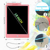 Pink LCD writing tablet with a stylus pen shown in various angles and usage context.