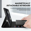 A detachable keyboard case for a tablet is shown with a hand placing it onto the surface.