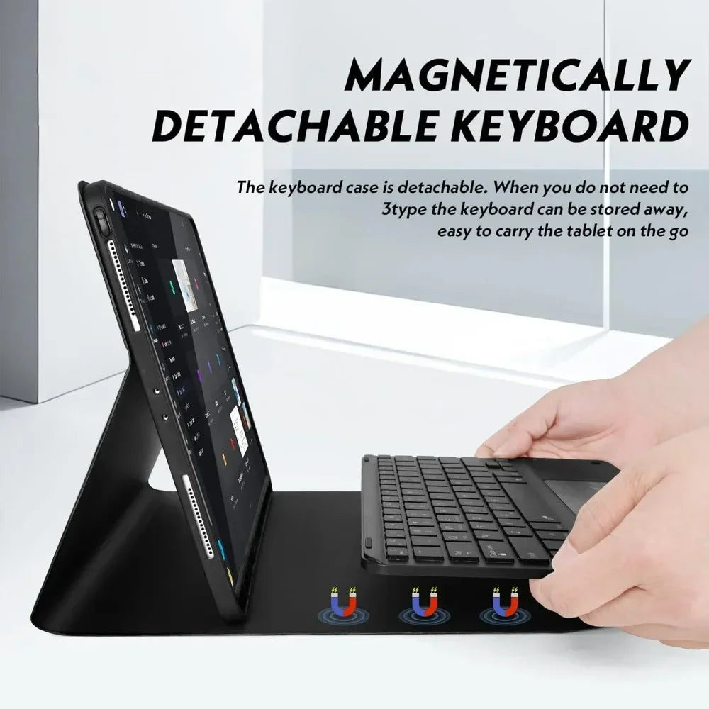 A detachable keyboard case for a tablet is shown with a hand placing it onto the surface.