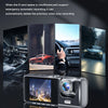 A silver dual-lens dash cam is shown with various interior and exterior driving scenes displayed on its screen.