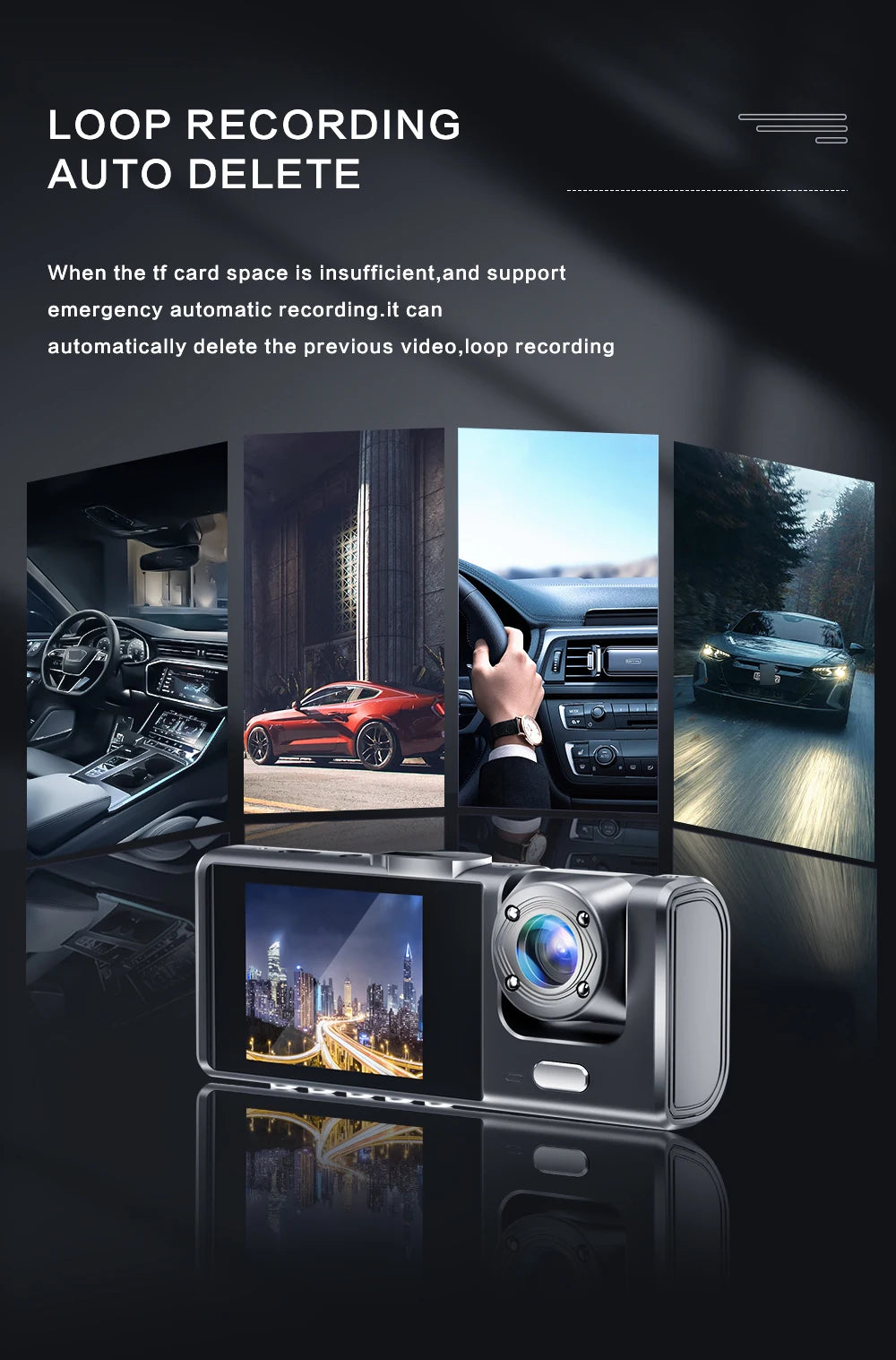 A silver dual-lens dash cam is shown with various interior and exterior driving scenes displayed on its screen.