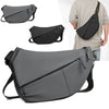 A gray practical chest bag shown in multiple views, including a full view and a smaller version, being held by a person.