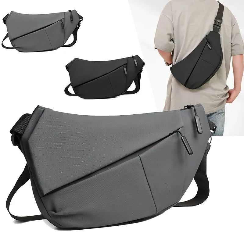 A gray practical chest bag shown in multiple views, including a full view and a smaller version, being held by a person.
