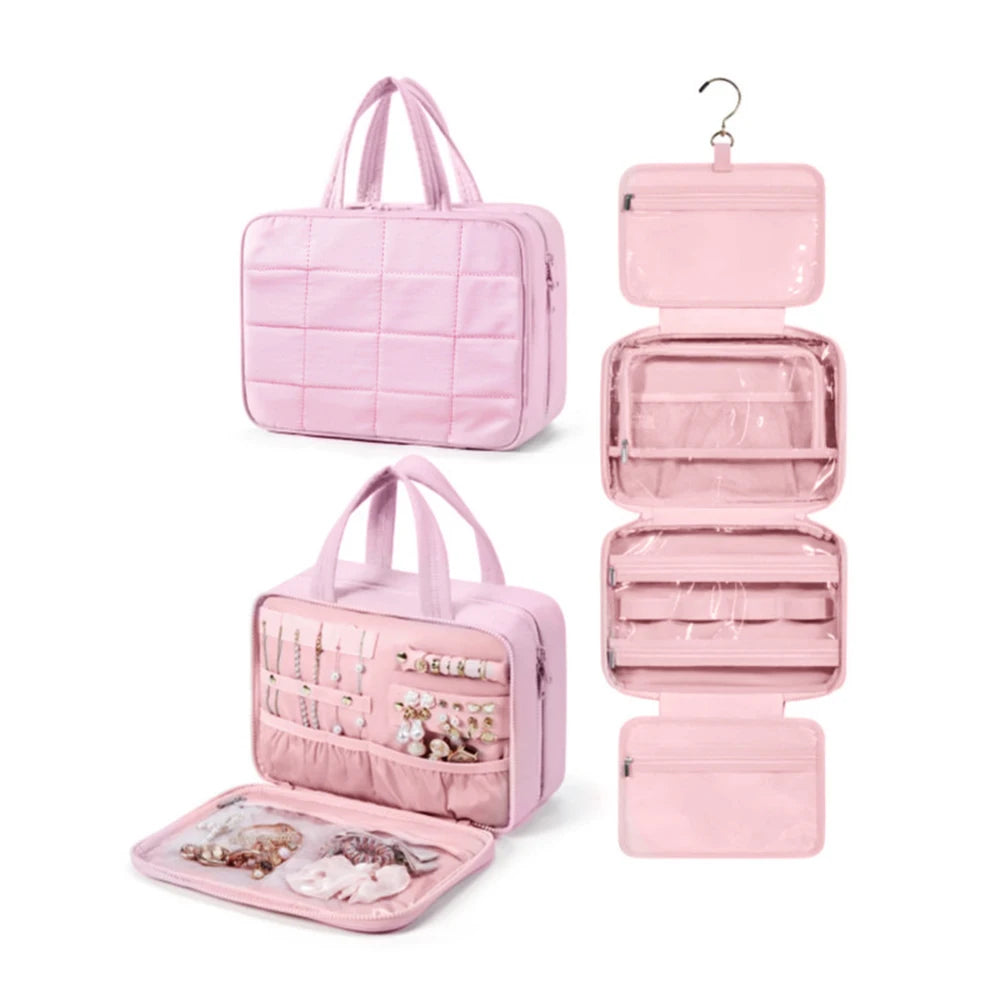 A pink quilted portable hanging toiletry bag shown in various forms, including a stand-up case and an open zippered pouch.