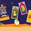 A colorful illustration of a card game featuring tacos and spicy elements, set against a dark blue background.