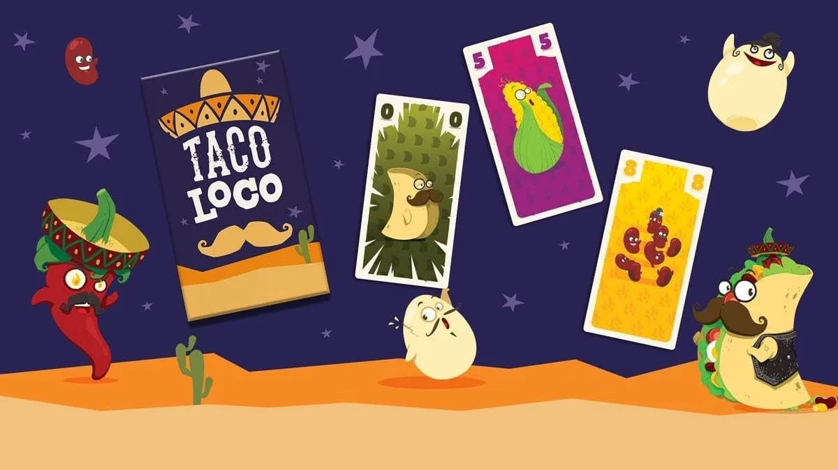 A colorful illustration of a card game featuring tacos and spicy elements, set against a dark blue background.