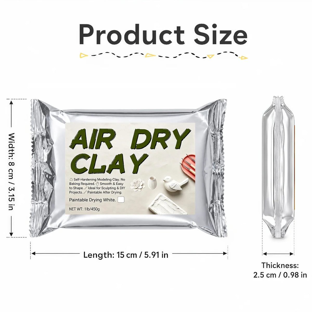 Packaging and dimensions of a sheet of white air dry clay for sculpting projects