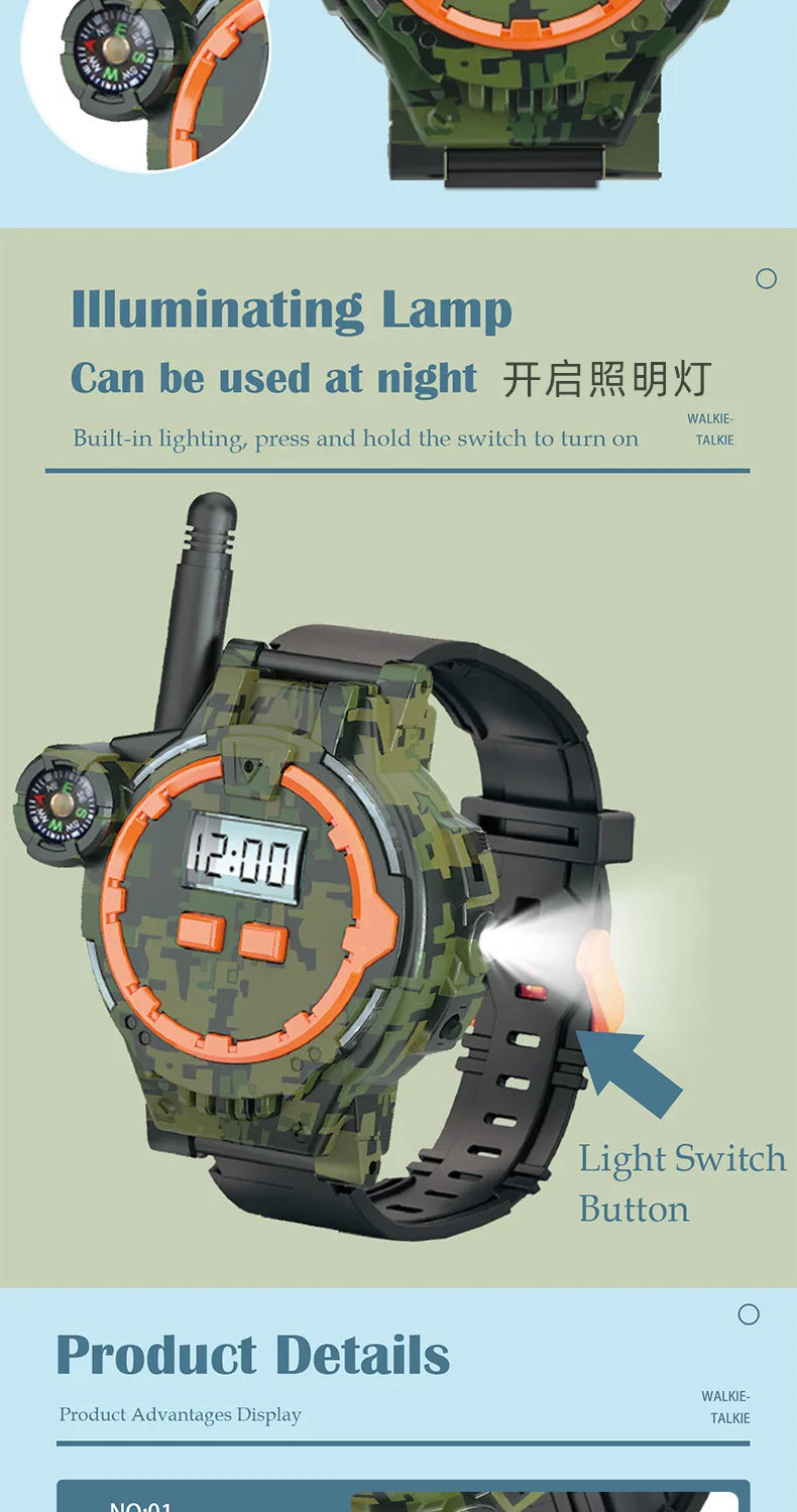 A camouflage watch set for kids, featuring a built-in illuminating lamp and a light switch button.