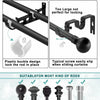 Two black aluminum curtain rod brackets for securing rods, demonstrating a plastic buckle design and suitability for various 