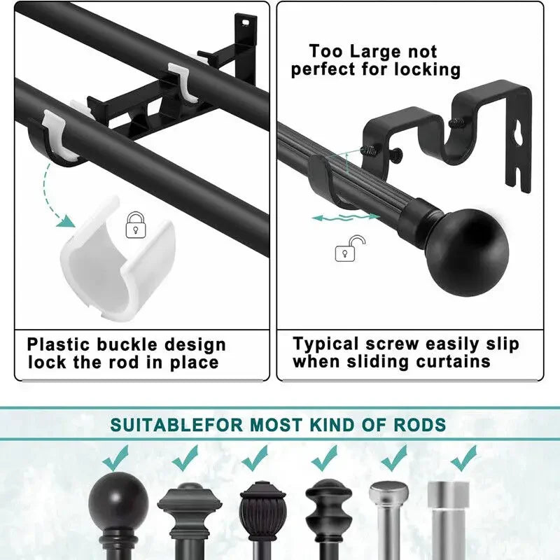 Two black aluminum curtain rod brackets for securing rods, demonstrating a plastic buckle design and suitability for various 