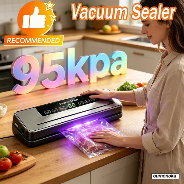 Una mujer usa una selladora de vacío eléctrica portátil para sellar carne en una encimera de madera.