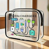 A clear plastic zipper tote for plugs and chargers is shown on a wooden surface.