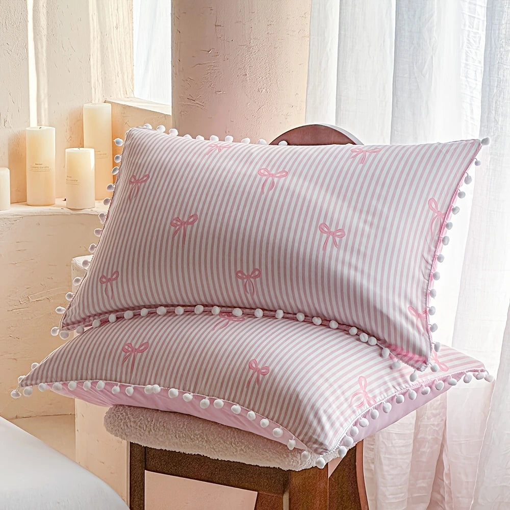 Cute Pink Bow Print Duvet Cover Set with Pillowcases