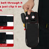 A hand demonstrates how to run a belt through a tool pouch, showing the clip and belt loop features.