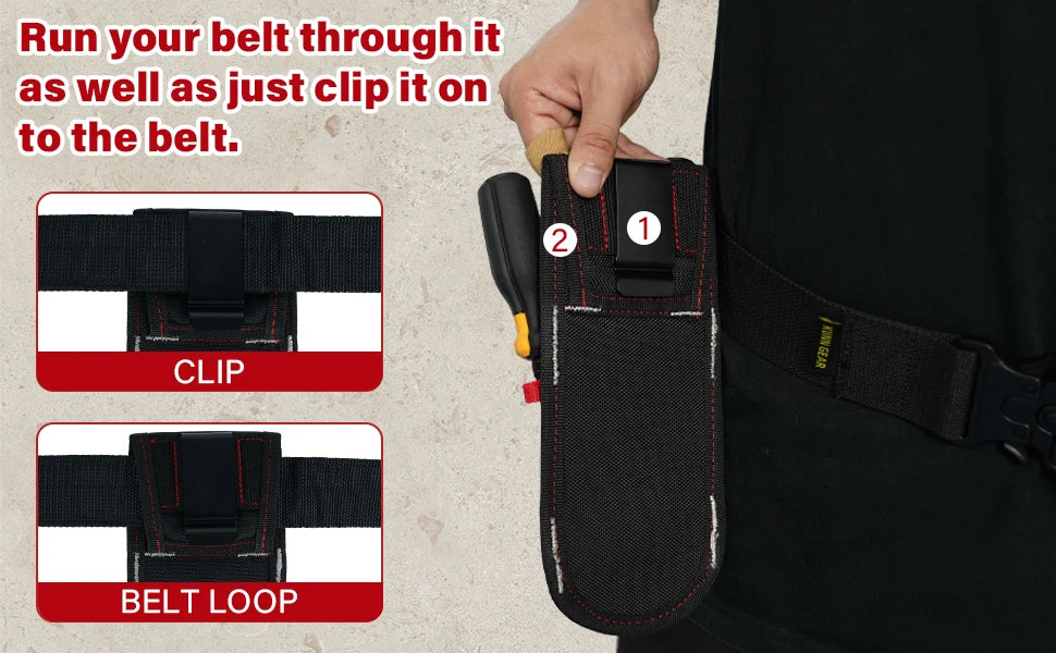 A hand demonstrates how to run a belt through a tool pouch, showing the clip and belt loop features.