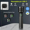 A black rechargeable LED flashlight with a strobe function and battery indicator is shown next to a USB-C charging port.