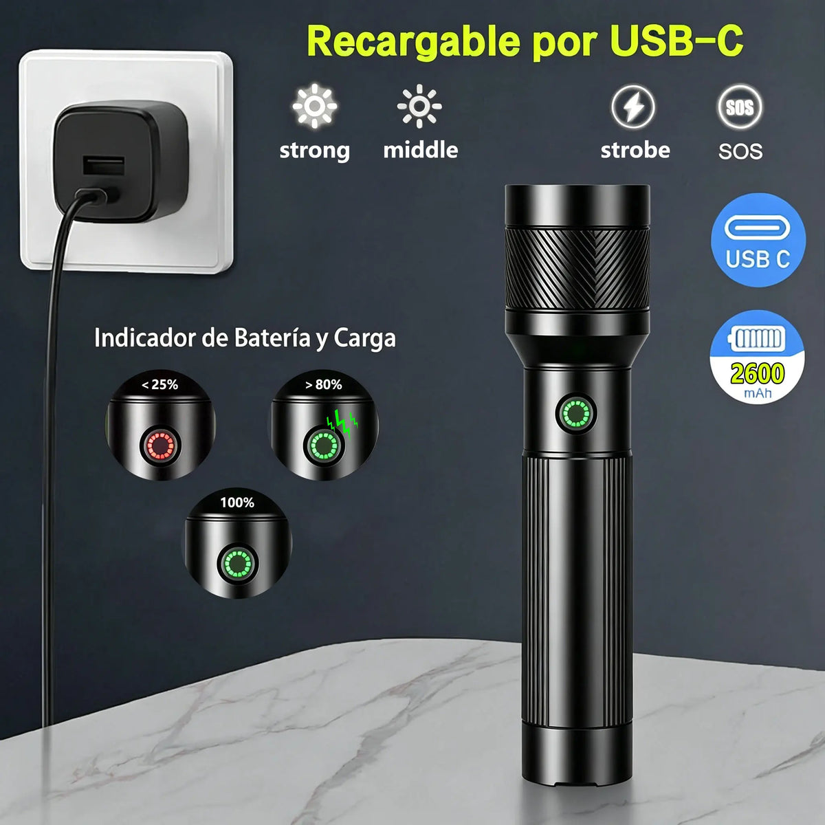 A black rechargeable LED flashlight with a strobe function and battery indicator is shown next to a USB-C charging port.