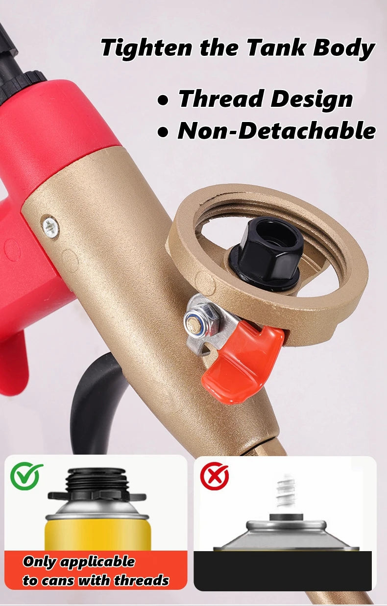 A close-up of a gold and red foam spray gun with a non-detachable thread design for tightening the tank body.