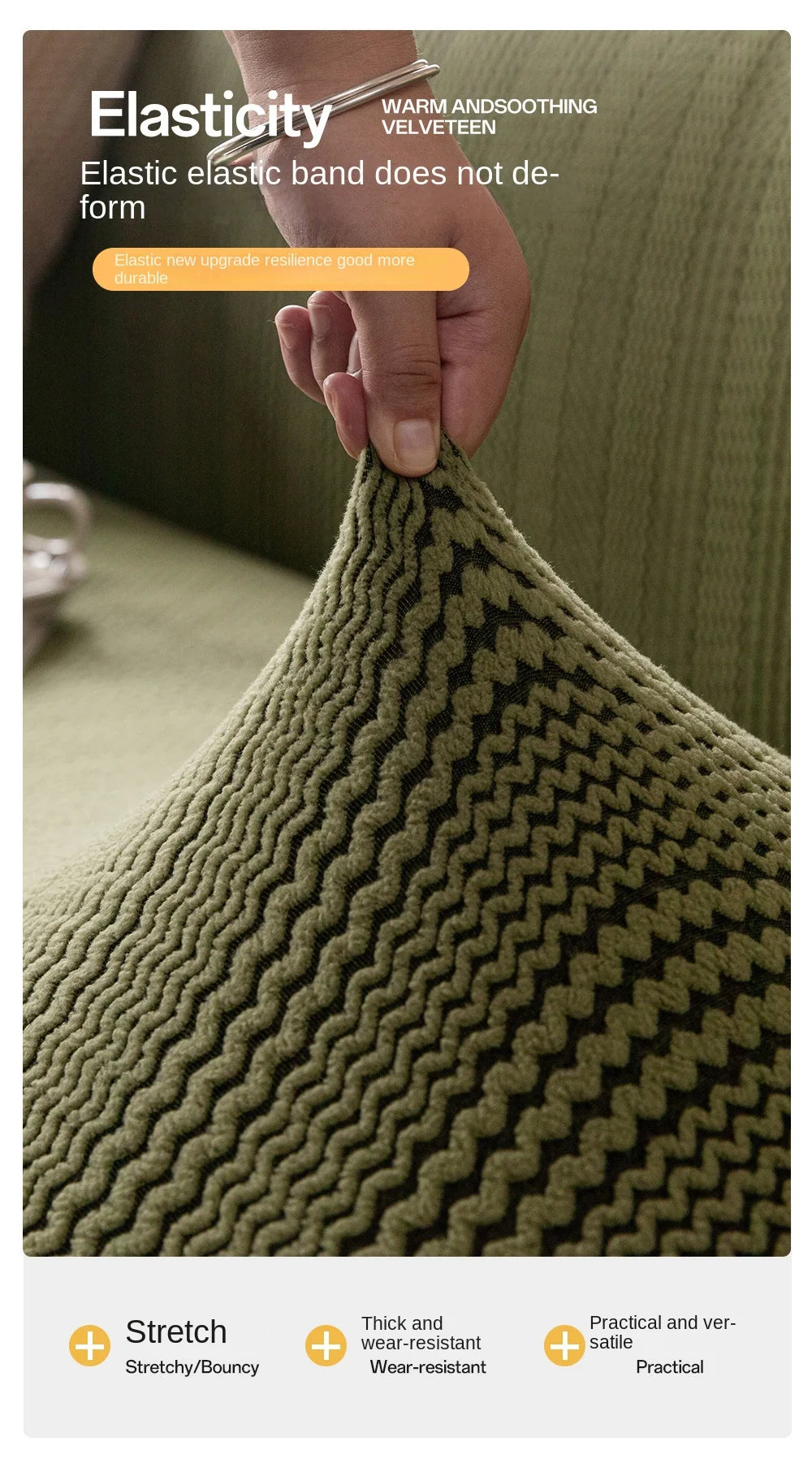 A hand is stretching a textured olive green quilted fabric, demonstrating the elasticity of the material.