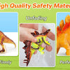 A set of 46 dinosaur figurines in various colors and textures displayed with text emphasizing high quality safety material, u