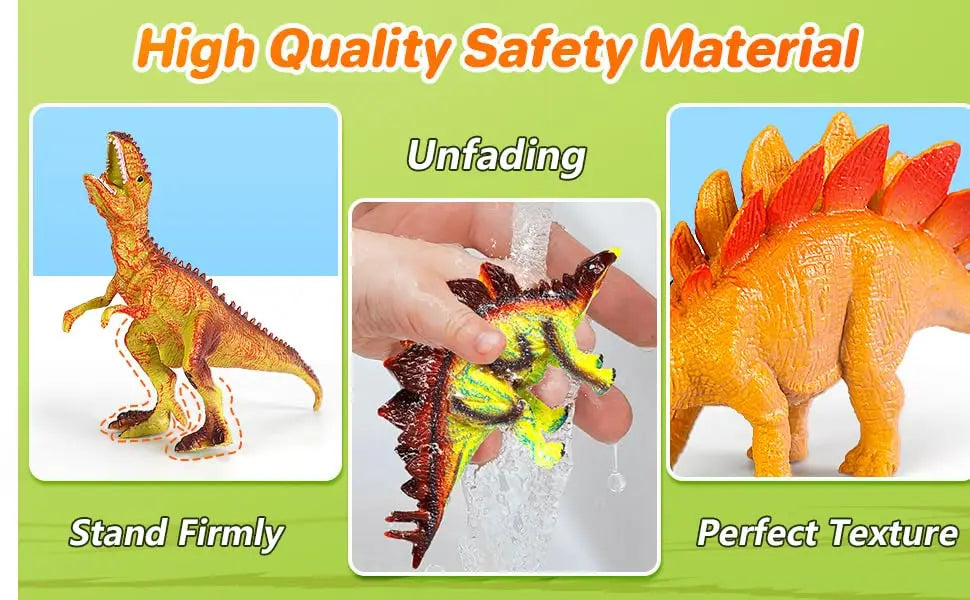 A set of 46 dinosaur figurines in various colors and textures displayed with text emphasizing high quality safety material, u