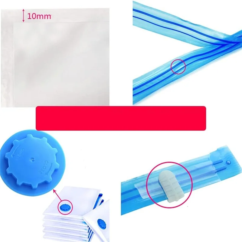 Wiederverwendbare Staubsäcke für Kleidung, die eine flache Tasche, eine flexible Tasche und ein blaues rundes Werkzeug zeigen
