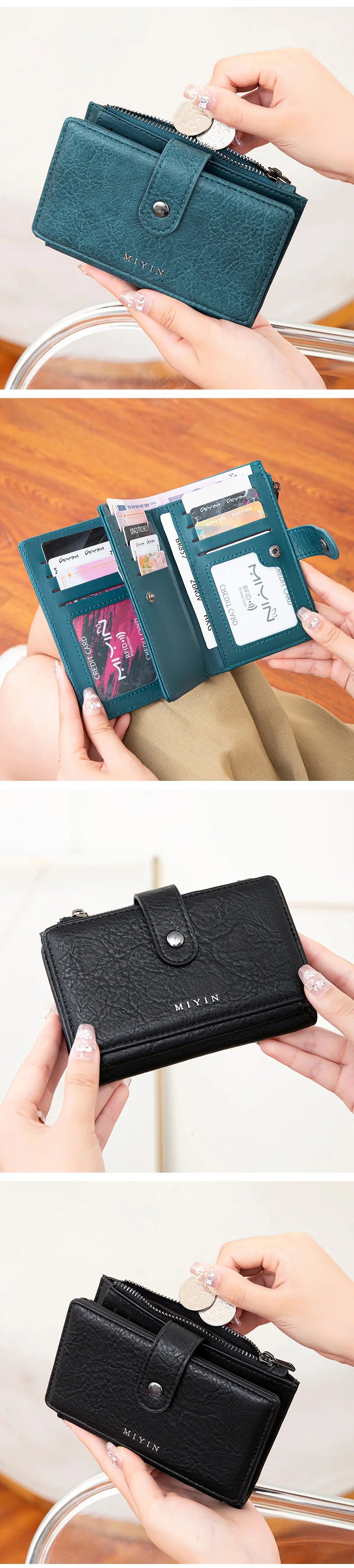 Une main tient un porte-monnaie bi-pli de blocage RFID couleur sarcelle foncé avec une pièce d'or.