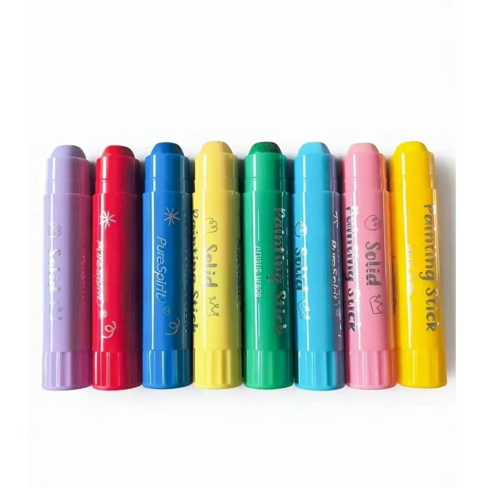 A row of ten colorful washable paint sticks in various shades including pink, blue, green, and yellow.