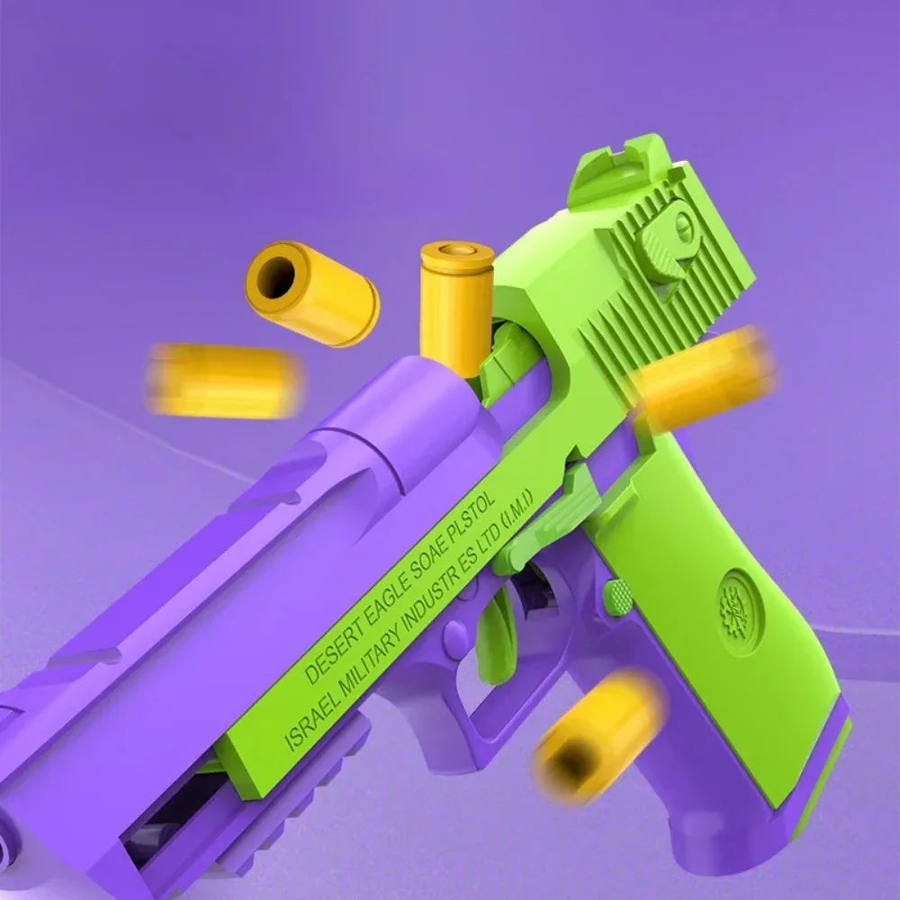 A purple and lime green replica pistol with yellow toy gun shells and darts.