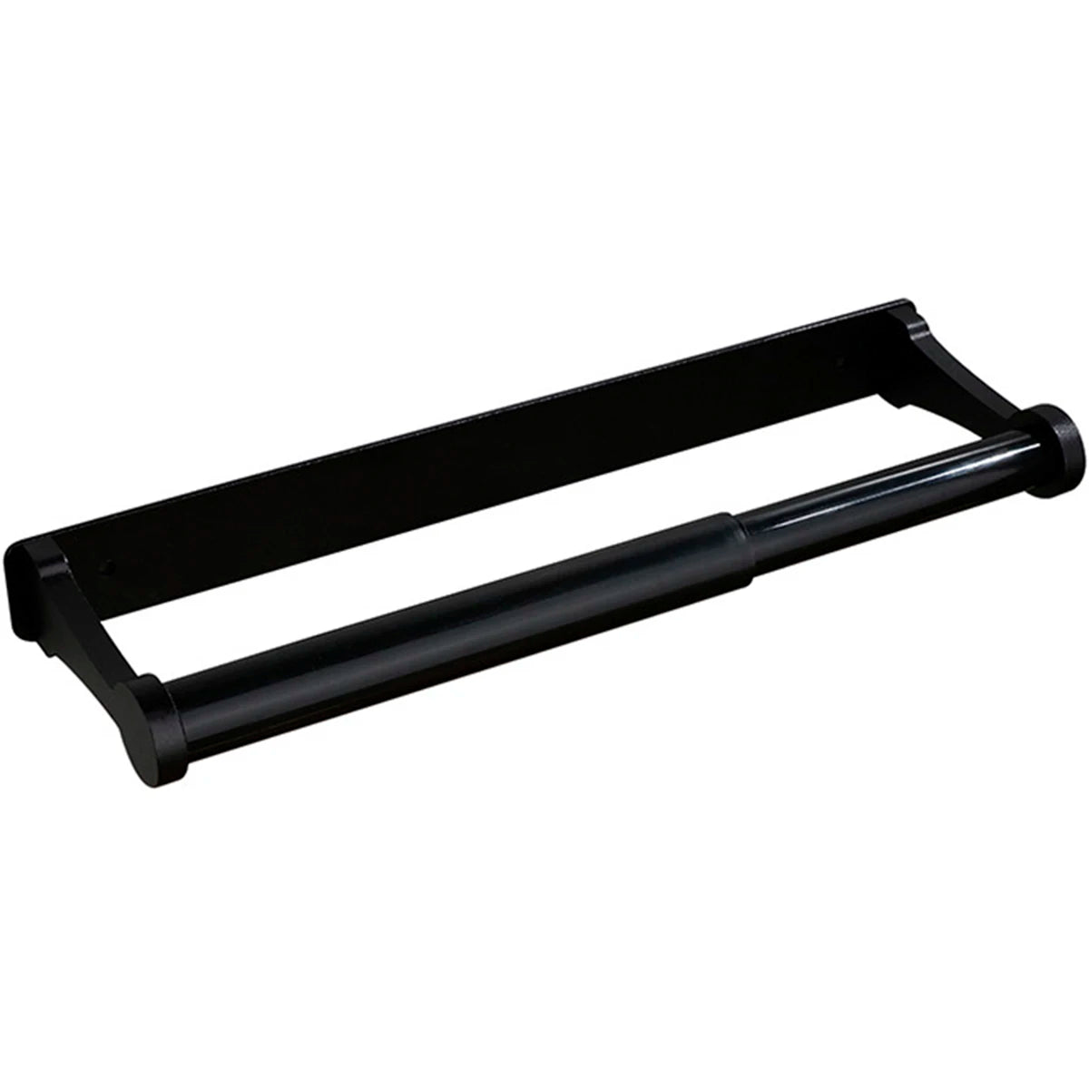 Black under-cabinet paper towel holder with a long bar for dispensing.