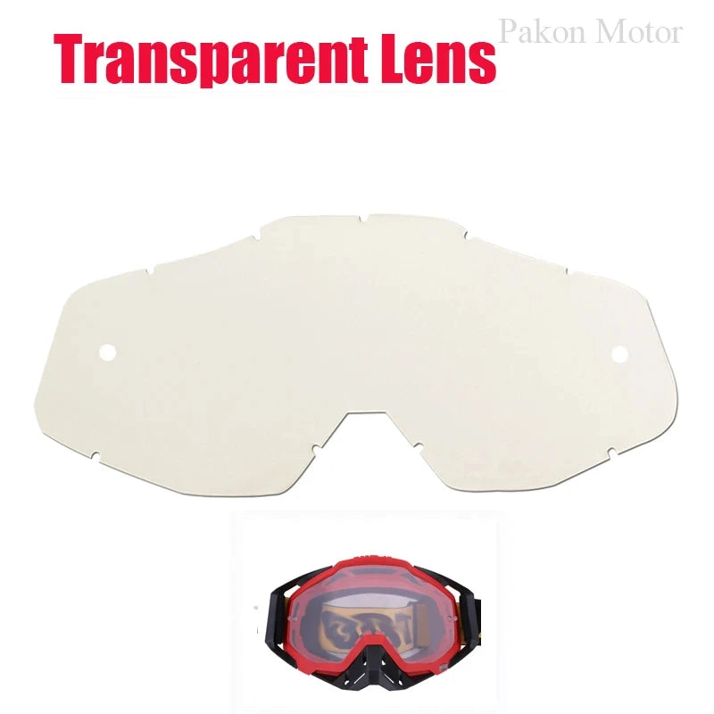 A transparent lens is shown alongside a pair of red and black motorcycle goggles.