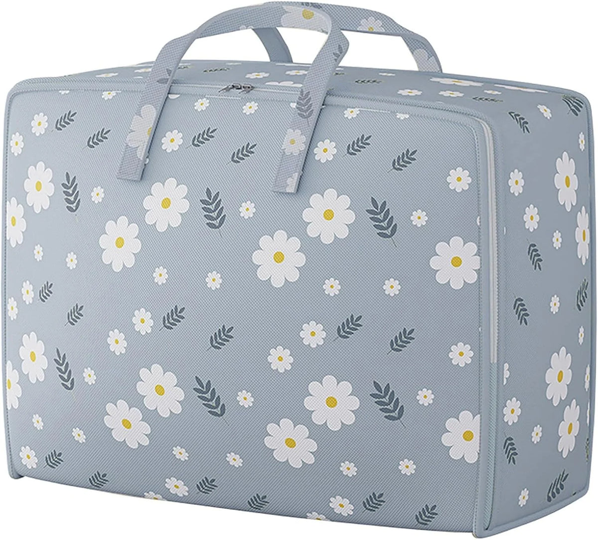 Hellblaue Aufbewahrungstasche für zusammenfaltbare Decken und Bettwäsche mit weißem Blumenmuster