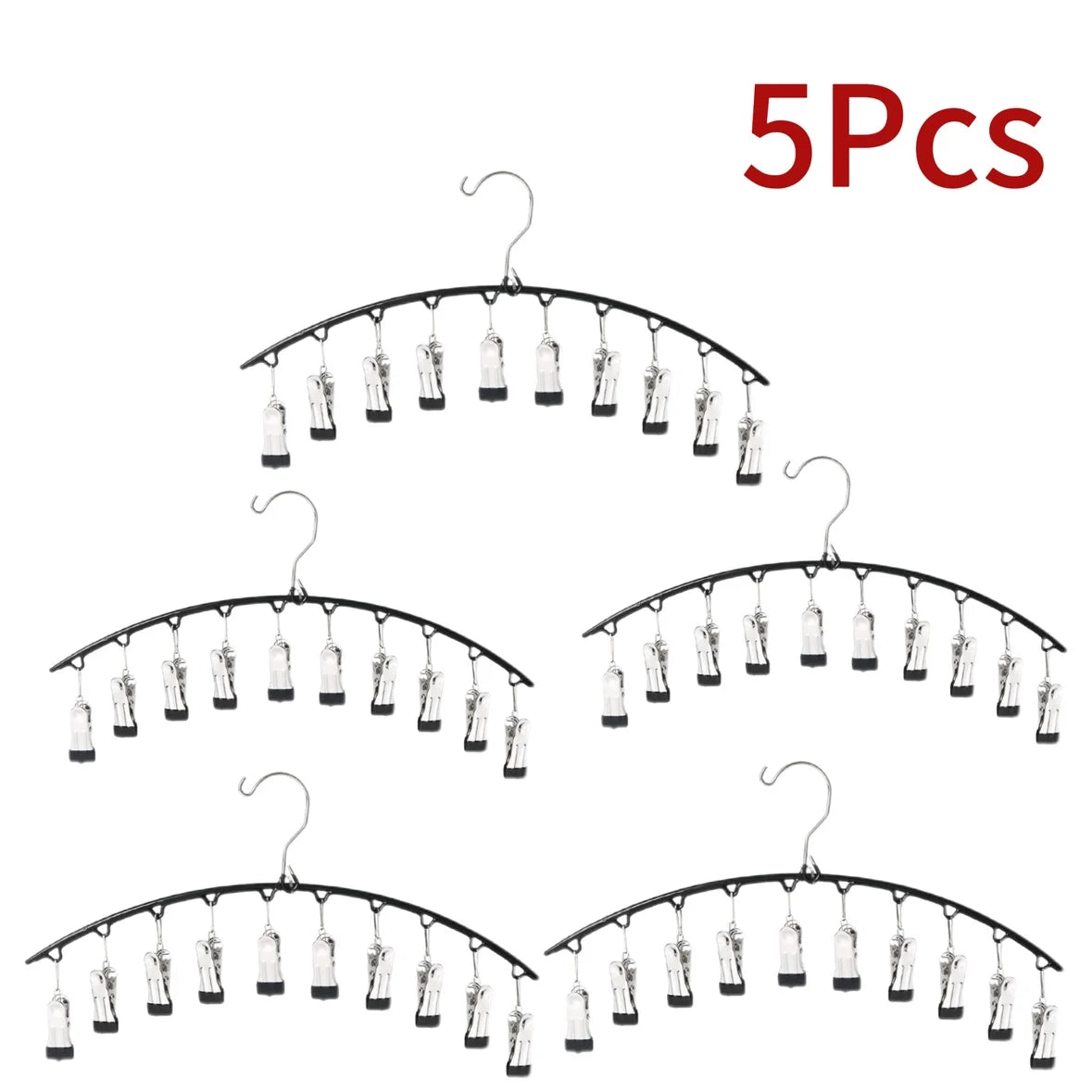 Five pieces of black metal pant hangers with individual clips.
