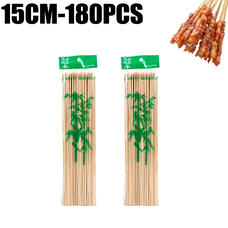 A set of natural bamboo skewers, 15cm to 180pcs, packaged with green labels.