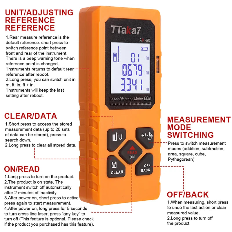 Orange TTaka7 laser distance meter with digital display and various measurement modes.