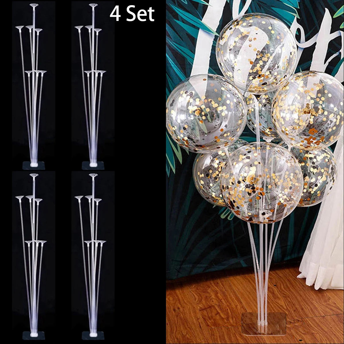 A set of four clear plastic balloon column stands for party decor displayed against a dark background.