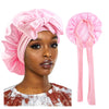 Pink silky satin sleep cap with wide band and matching ear loops for women